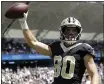  ?? GREGORY BULL — THE ASSOCIATED PRESS ?? Saints wide receiver and Benicia High graduate Austin Carr celebrates after a touchdown catch against the Chargers during the second half of a preseason game in August in Carson.