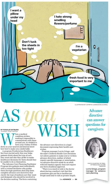  ?? ILLUSTRATI­ON BY CATHRYN CUNNINGHAM/JOURNAL PHOTO COURTESY OF PRESBYTERI­AN HEALTHCARE SERVICES ?? Lorrie Griego, program manager for advance care planning.