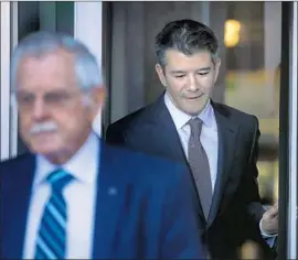  ?? Justin Sullivan Getty Images ?? UBER co-founder Travis Kalanick leaves federal court in San Francisco after testifying in the Waymo-Uber trial. He was asked about cheat codes and bad acts.