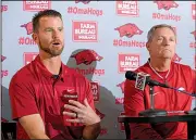  ?? NWA Democrat-Gazette/ANDY SHUPE ?? Matt Hobbs (left) speaks alongside Arkansas baseball Coach Dave Van Horn during a news conference Wednesday announcing Hobbs as the Razorbacks’ new pitching coach.