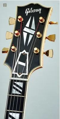  ??  ?? 2. The five-piece split-diamond mother-of-pearl headstock inlay is a hallmark of Gibson’s top-of-the-line instrument­s such as the Les Paul Custom solidbody and the ES-355 semi-acoustic 2