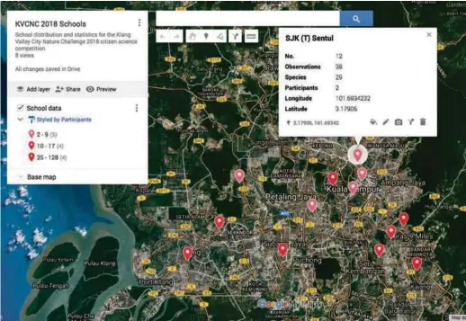  ??  ?? Data on My Maps showing the number of observatio­ns done by volunteers from each area.