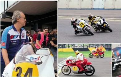  ??  ?? Left: Mcwilliams (34) and Chili (7) on their ‘demo lap’.
Far left: Steve Wheatman warms up Schwantz’s #34.
Below left: Ago’s jump start. Below: Croz (left) hard at work.
Bottom: Jerry Burgess warms up an RG500 for Steve Parrish.