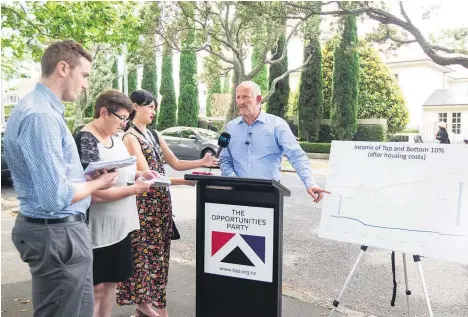  ?? Picture / Jason Oxenham ?? Gareth Morgan presented his party’s equity tax plan opposite John Key’s home at 105 St Stephens Ave, Parnell.