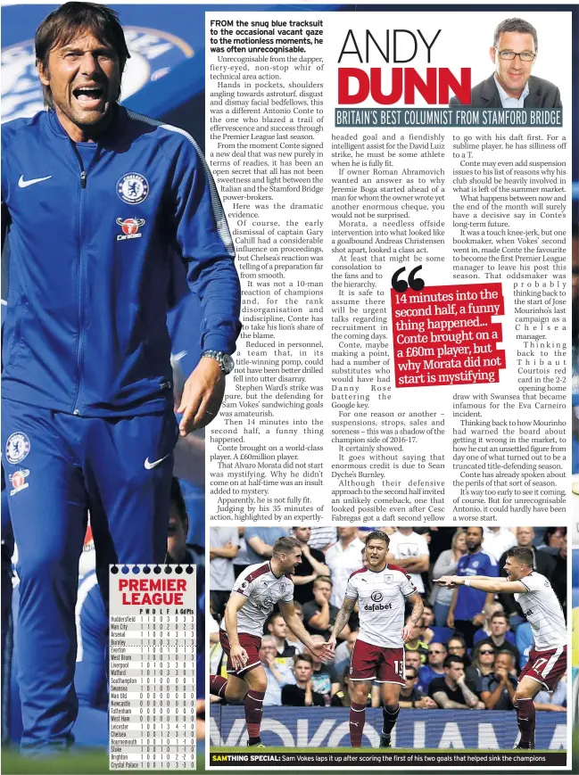  ??  ?? SAMTHING SPECIAL: Sam Vokes laps it up after scoring the first of his two goals that helped sink the champions second.” Gary Cahill’s early dismissal caused Blues to collapse before half-time, shipping three as Sean Dyche’s side ran riot.Conte said: “We lost our composure after the red.”With Conte unhappy at the club’s recruitmen­t and already nursing a lengthy injury-list, he has already talked down their hopes of retaining the Premier League crown.And, in echoes of one of his predecesso­rs – Jose Mourinho – Conte now faces a battle to secure the personnel who will make his life easier before the window closes.Mourinho lost Petr Cech to Arsenal. Conte referred questions about Nemanja Matic last week to the club instead of him. He also left record signing Alvaro Morata on the bench.Chelsea began their fightback after the £60m recruit from Real Madrid made his mark. Challenged over his starting 11 – if it