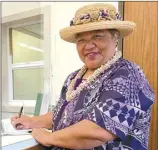  ?? Photo courtesy Carol Lee Kamekona ?? Carol Lee Kamekona officially files paperwork to run for Maui County Council in the Kahului district on Tuesday.