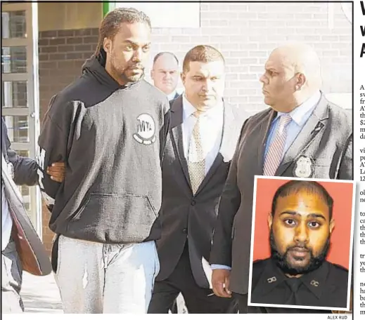  ?? ALEX RUD ?? Gifford Hunter is walked out of the 107th Precinct stationhou­se in Queens on Sunday after being nabbed about noon. He is charged in the Friday morning murder of 27-year-old Jonathan Narain (inset), who was on his way to work at Rikers Island.
