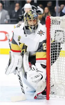  ?? HARRY HOW/GETTY IMAGES ?? Vegas Golden Knights goalie Marc-Andre Fleury stopped 127 of 130 shots in the first round against the Los Angeles Kings, recording a .977 save percentage.