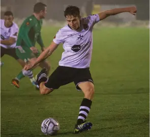  ??  ?? Danilo Orsi-Dadomo scored the second of his evenings goals from the penalty spot. Photo: Darren Woolley.