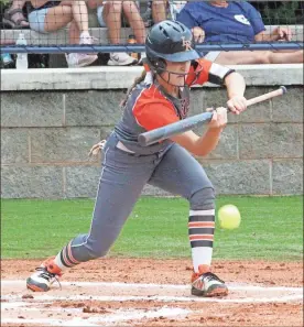  ?? Scott Herpst ?? Junior Haynie Jane Gilstrap lays down a bunt for the Lady Ramblers during last week’s game at Gordon Lee.