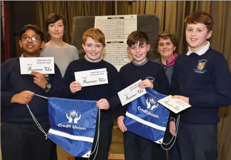  ??  ?? Joseph Sebastian, Finn McCartney, Luke McCartney and Cian McCoy, Monastery Boys NS who were runners up in the ‘B’ section of the Ardee Credit Union Table Quiz pictured receiving their awards from Áine McGee (Left), Youth Officer, Ardee Credit Union and teacher Emily