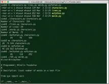  ??  ?? Here we have all the Python scripts (lBl.py, characters. py, words.py, lines.py and wcPython.py) in action. It also compares their results with the output from the wc command-line utility.