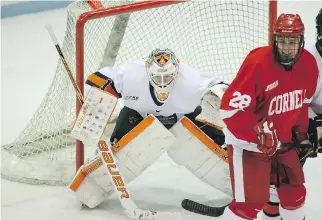  ?? BEVERLY SCHAEFER/COURTESY PRINCETON UNIVERSITY ?? Goalie Mike Condon, now with the Canadiens, in action with Princeton University during a game against Cornell in Princeton, N.J., on Nov. 9, 2012.