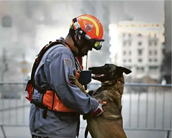  ?? Zanone Frassat/Folhapress ?? O bombeiro Fabrício Assumpção e a cadela Vasty participam das buscas em destroços no largo do Paissandu, no centro de SP