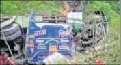  ?? PTI ?? Wreckage of the bus after it fell into a deep gorge, in Uttarkashi.