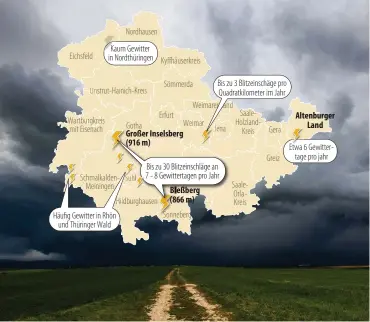  ?? FOTO: SASCHA FROMM; MONTAGE: ANDREAS WETZEL ?? An den markierten Orten blitzt es in Thüringen am häufigsten oder sind überdurchs­chnittlich viele Gewitter zu erleben. In Nordthürin­gen ist das Wetter dagegen ruhiger.