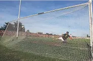  ??  ?? NET GAIN Peter Harte’s penalty hits back of Carlow net