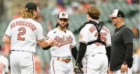  ?? GAIL BURTON/AP ?? Orioles pitcher Cionel Pérez, center, fist-bumps infielder Gunnar Henderson during a game on Sept. 25.