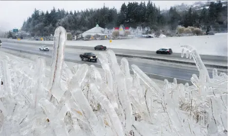  ?? PHOTOS: JASON PAYNE ?? Freezing rain and strong wind gusts made travelling treacherou­s in the Fraser Valley and beyond on Friday. Thousands of people are without power in the Abbotsford area as freezing rain brought branches down on power lines overnight.