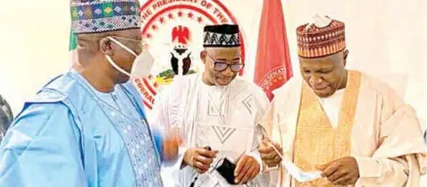  ?? PHOTO: LUCY LADIDI ATEKO ?? Senate President, Dr. Ahmad Lawan ( left); Bauchi State Governor, Bala Mohammed and Gombe State Governor, Muhammadu Inuwa Yahaya, during a meeting of North East governors with the Senate President at the National Assembly in Abuja… yesterday