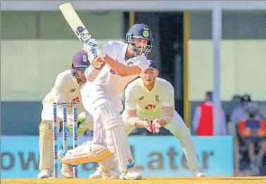  ?? PTI ?? India's Washington Sundar plays a shot during the fourth day of first Test against England in Chennai on Monday.