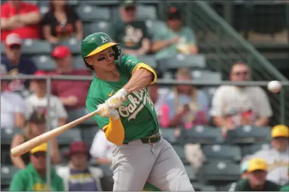  ?? JOHN MEDINA — SPECIAL TO THE BAY AREA NEWS GROUP ?? Oakland A's second baseman Zack Gelof #20at bat during the spring training game between the Oakland A's and Los Angeles Angels at Tempe Diablo Stadium on March 6 in Tempe, Ariz.