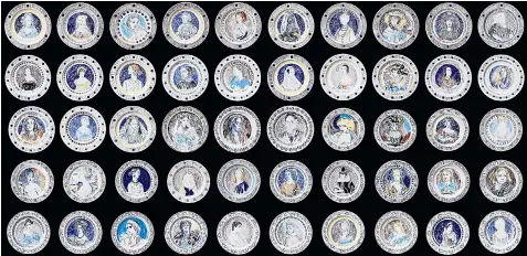  ??  ?? Above: part of the dinner service commission­ed by Kenneth Clark. Below: the ’Famous Women’ plate showing artist Vanessa Bell herself