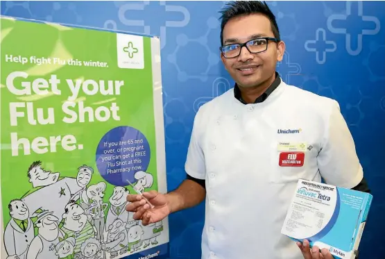  ?? MARK TAYLOR/STUFF ?? Unichem Rototuna Pharmacy pharmacist Shazeel Rauf said an important part of his job was correcting misconcept­ions about the flu vaccine.