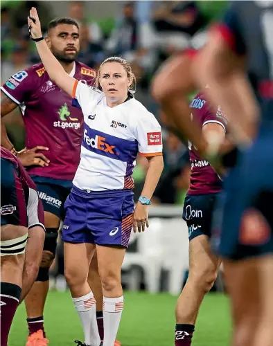  ?? GETTY IMAGES ?? Amy Perrett, here during the RebelsReds game last week, could be refereeing New Zealand Super teams.