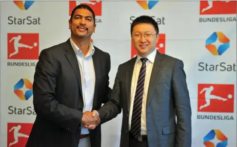  ?? Picture: TIMOTHY BERNARD ?? THE BUSINESS PARTNERS: Jermaine Craig, head of Independen­t Media Sport and John Yan, chief executive of StarTimes Media SA, pictured yesterday at the official launch of the new Bundesliga agreement.