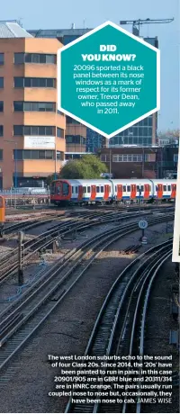  ?? JAMES WISE ?? The west London suburbs echo to the sound of four Class 20s. Since 2014, the ‘20s’ have been painted to run in pairs: in this case 20901/905 are in GBRF blue and 20311/314 are in HNRC orange. The pairs usually run coupled nose to nose but, occasional­ly, they have been nose to cab.