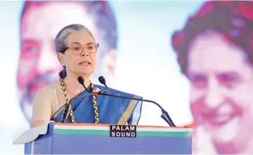  ?? (ANI) ?? Congress Parliament­ary Party chairperso­n Sonia Gandhi addresses during a public rally ahead of the Lok Sabha elections, in Jaipur on Saturday