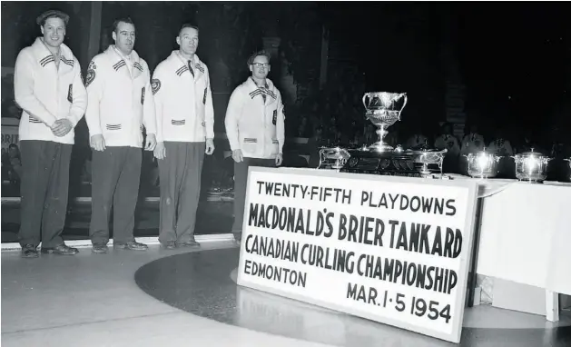  ?? Provincial Archives of Alberta ?? The 1954 MacDonald’s Brier, the first ever hosted in Edmonton, was five days of fun and drama, starting with a downtown parade and culminatin­g with presentati­ons of the Tankard to the Alberta rink of skip Matt Baldwin, third Glenn Gray, second Pete...