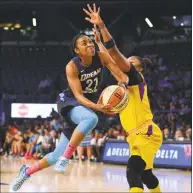  ?? Rich von Biberstein / Icon Sportswire via Getty Images ?? The Dream’s Renee Montgomery (21) drives to the basket against Los Angeles on Aug. 9, 2018 at Hank McCamish Pavilion in Atlanta.