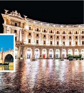  ??  ?? ITALIAN IDYLLS
Clockwise from top left: food at The Dedica Anthology; the exterior of Palazzo Naiadi, Rome – The Dedica Anthology; a suite at Grand Hotel dei Dogi, Venice – The Dedica Anthology; a view of Castel Sant’Angelo, Rome