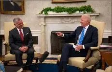  ?? Sarahbeth Maney/Pool/Getty Images ?? President Joe Biden meets with Jordan’s King Abdullah II in the Oval Office of the White House on Monday in Washington, D.C. The leaders discussed security in the Middle East and restoring a nuclear deal with Iran.