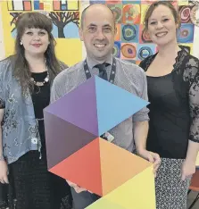  ??  ?? Vicki Kennedy, right, and Rachel Hamer at Sunderland Culture, with Gary Wright, headteache­r at Usworth Primary School.