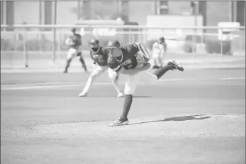  ?? PHOTO COURTESY OF AWC ?? ARIZONA WESTERN’S LUUK TER BEEK, a freshman from Nieuw Vennep, Netherland­s, follows through after his pitch to a Yavapai College batter in a game at Walt Kammann field on Wednesday.