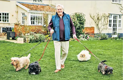  ??  ?? Four-legged friends: Purves with his own dogs, above. Left, with Blue Peter co-hosts Valerie Singleton and John Noakes and some of the show’s pets. Right, talking canines at Crufts