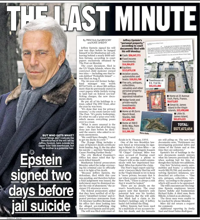  ?? Gregory P. Mango ?? BUT WHO GETS WHAT? Court filings don’t indicate the beneficiar­ies of the will left by Jeffrey Epstein, here outside his Upper East Side townhouse, but his brother is a potential heir.