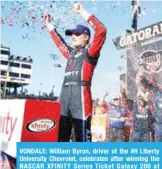  ??  ?? VONDALE: William Byron, driver of the #9 Liberty University Chevrolet, celebrates after winning the NASCAR XFINITY Series Ticket Galaxy 200 at Phoenix Internatio­nal Raceway in Avondale, Arizona. — AFP