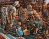  ??  ?? John Biggers (1924-2001), Women, Ghana, ca. 1960. Oil on masonite board, 32 x 40 in. Estimate: $120/180,000 SOLD: $269,000