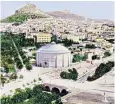  ??  ?? The Temple of Olympian Zeus with River Illisos by Edward Dodwell (1821), and, right, a view of the River Ilissos and the Stadion Bridge, circa 1900