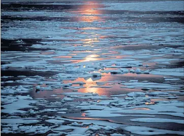  ?? DAVID GOLDMAN — THE ASSOCIATED PRESS ?? The midnight sun shines across sea ice along the Northwest Passage in the Canadian Arctic Archipelag­o in 2017. When covered with snow and ice, the Arctic reflects sunlight and heat. And as more sea ice melts in the summer, “you’re revealing really dark ocean surfaces, just like a black T-shirt,” ice scientist Twila Moon says. Like dark clothing, the open patches of sea soak up heat from the sun more readily.