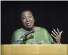  ?? Photos and text from The Associated Press ?? Tarana Burke, a founder of the #MeToo movement, speaks during a public event about empowermen­t and advocacy at Fresno State’s Satellite Student Union .