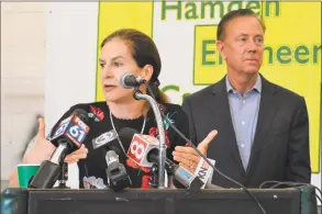  ?? Clare Dignan / Hearst Connecticu­t Media ?? Lt. Gov. Susan Bysiewicz and Gov. Ned Lamont speak in Hamden. Bysiewicz and Melissa McCaw, at right, Lamont’s policy and budget chief, lead the Governor’s Council on Women and Girls.