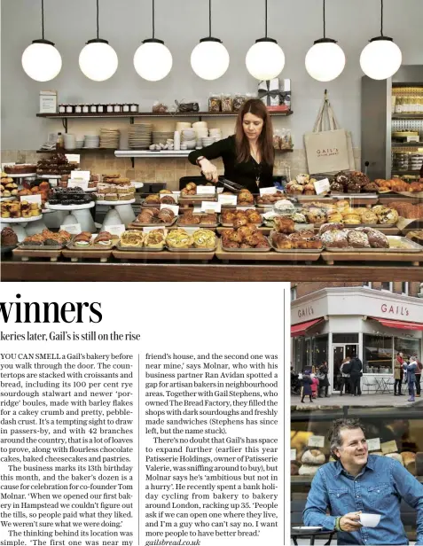  ??  ?? Clockwise from top Tempting bakes on display; the original bakery in Hampstead, north London; co-founder Tom Molnar