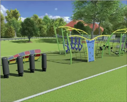  ?? COURTESY PHOTO ?? A concept rendering by GameTime of the Bucklin Park Challenge Course. The course, which is estimated to be built by 2021, will feature start/stop bollards, ninja steps, agility trainers, floating boards, a traverse wall, agility pods, sway steps and a U-turn ramp.