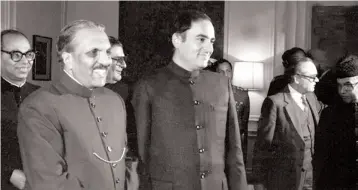  ??  ?? Rajiv Gandhi with Pakistan President Gen. Zia- ul Haq ( above) prior to Indo- Pak official talks in New Delhi on December 17, 1985. Helmsman Deng Xiaoping ( right) greets then PM Rajiv Gandhi at the Great Hall of the People in Beijing in 1988.