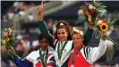  ??  ?? Ghada Shouaa (center) made history when she won gold at Atlanta in 1996